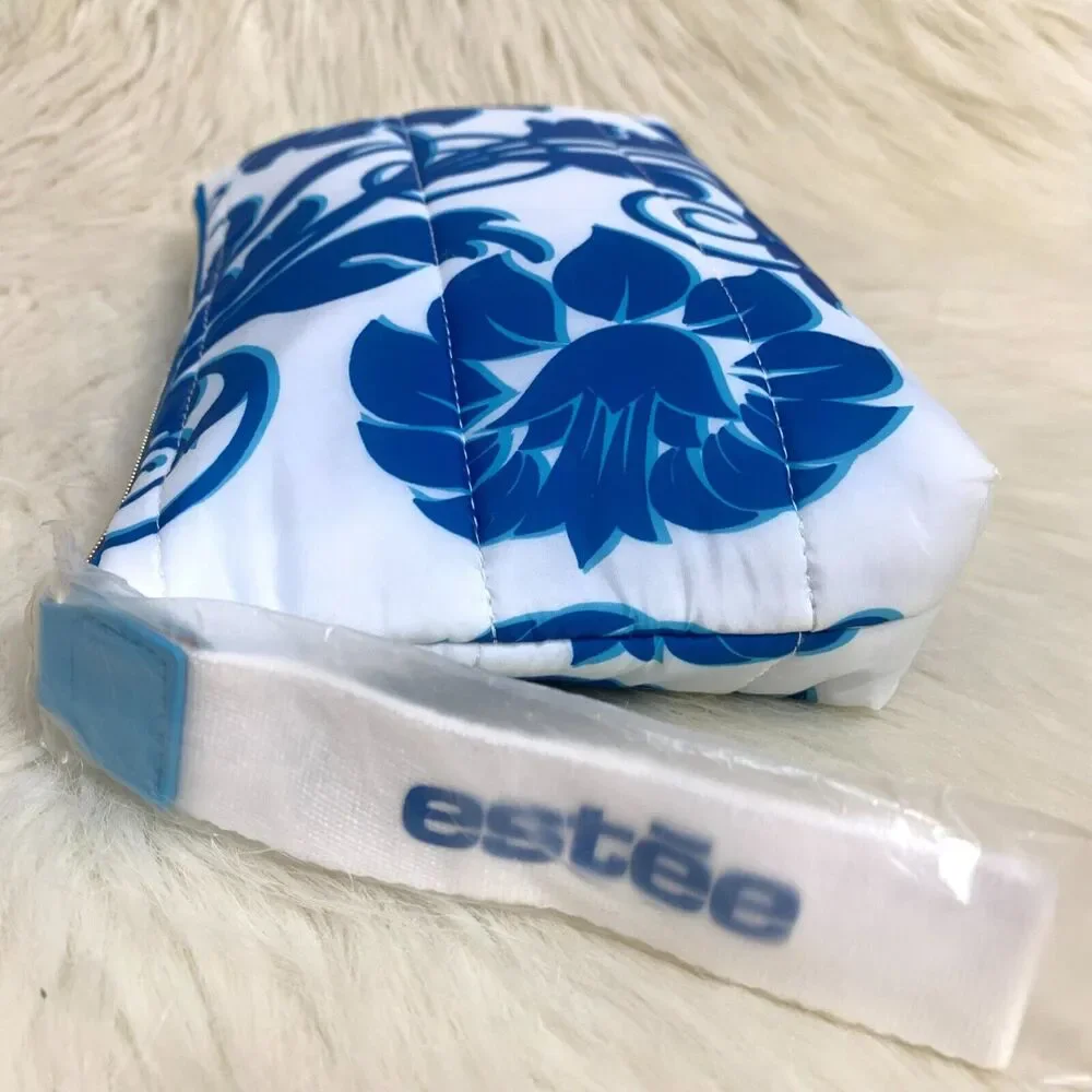 ESTEE LAUDER Puffy Blue & White Floral Cosmetics Bag Makeup Case